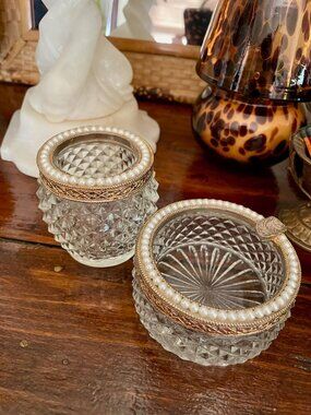 Vintage Gold & Pearl Glass Trinket Dishes Set Hollywood Regency Vanity Decor